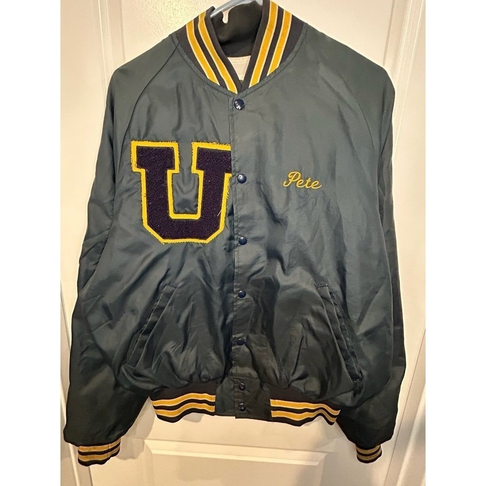 Vintage 80's Embroidered Satin Bomber Wrestling Jacket Double Sided Mens Large